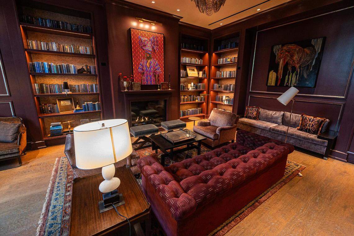 The ‘library’ room near the lobby at the new Bowie House hotel in Fort Worth on Tuesday, Nov. 28, 2023.