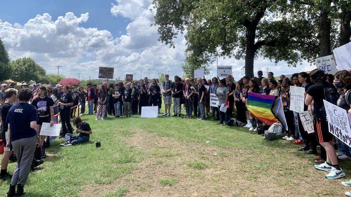 Grapevine High School students walk out of class Friday to protest policies on gender identity, sexuality and race issues approved this week by the Grapevine-Colleyville ISD school board.