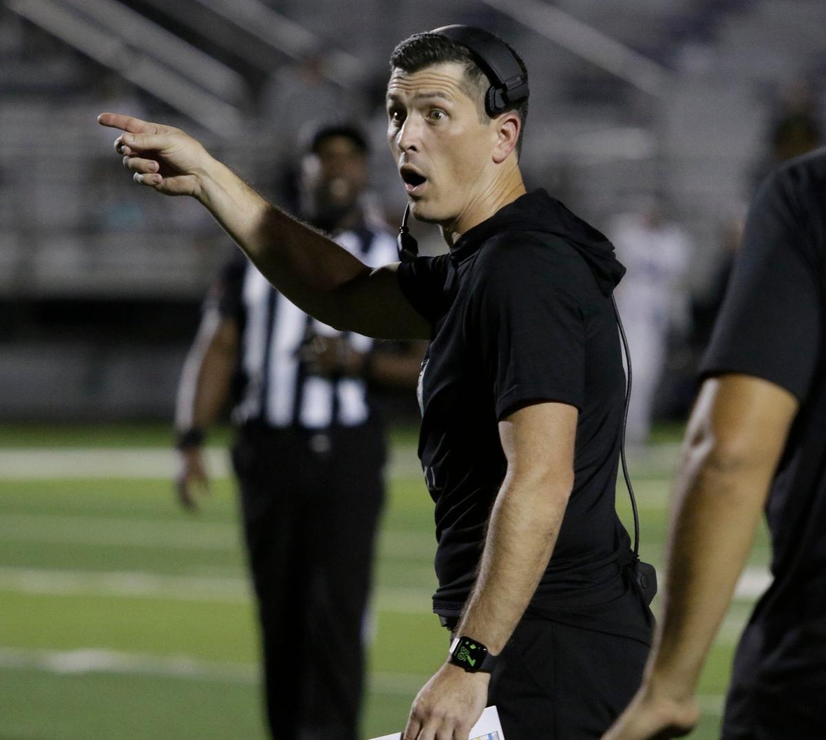 Southlake Carroll’s Head Coach Riley Dodge reacts to a referee during a UIL football game at Dragon Stadium on Friday, Sept. 27, 2024.