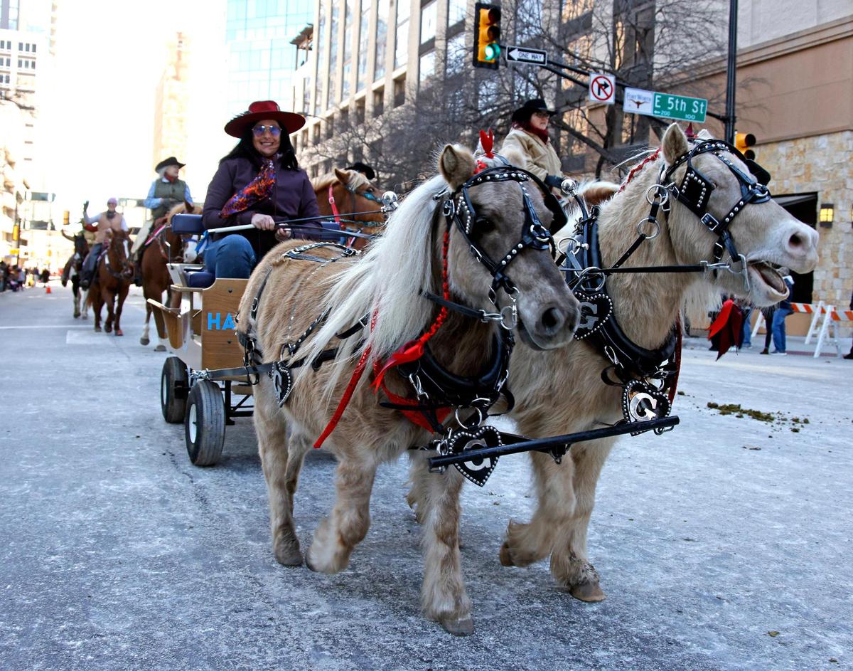 A pair of small horses pulled a wagon that read, "We don’t rent pigs."