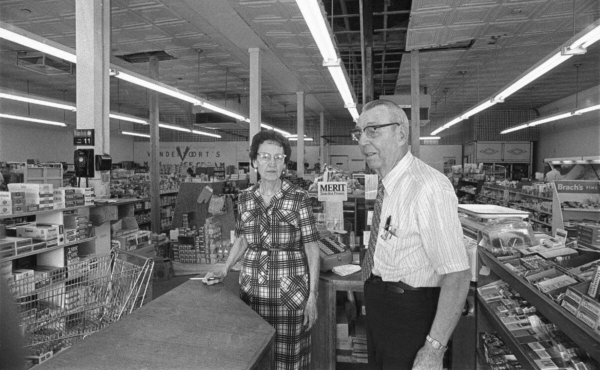 Aug. 12, 1978: Mr. & Mrs. Robert Tillery at the closing of their grocery store at 2202 Forest Park Blvd. (The location is near the site of a law firm today, next to Tillery Park. After 40 years in business, the Tillerys gave up the store when its roof needed extensive repairs that the building owners’ wouldn’t pay for.)