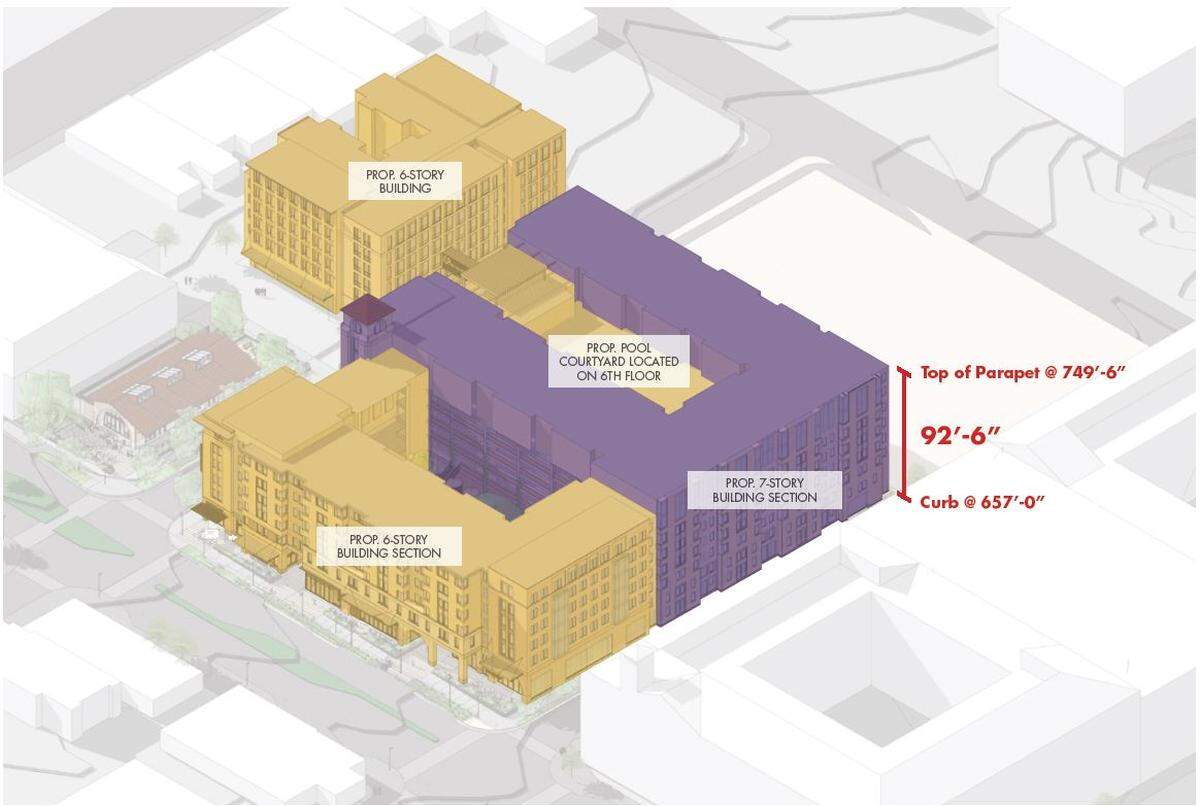 This rendering shows proposed mixed-use development for the north side of West Berry Street (foreground), on the two blocks just east of South University Drive. The apartment buildings for junior and senior students would be six and seven stories tall with retail on the ground level. An additional retail building would be between the apartments and the TCU Campus Store, depicted with a reddish roof on the left side.