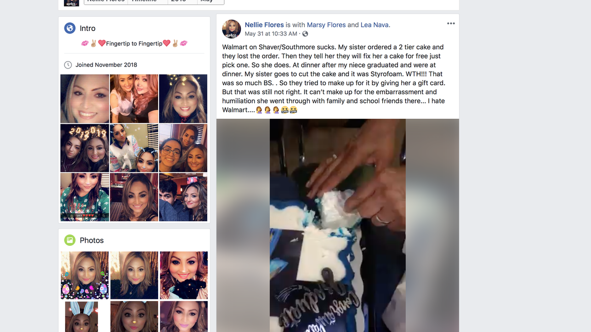 Nellie Flores recounts how her family ended up with a Styrofoam cake for her niece’s graduation on Facebook.