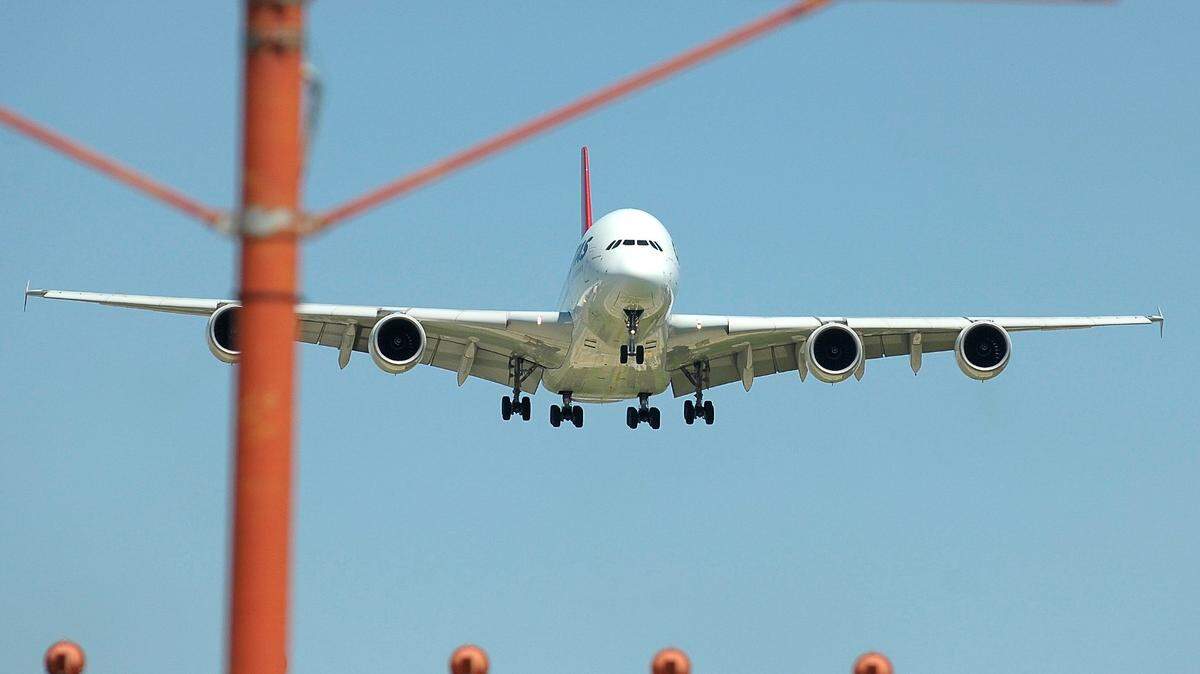 An A380 landing at DFW International Airport in 2016.