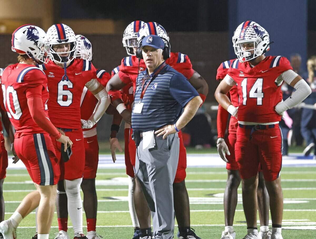 North Richland Hills Richland head coach Ged Kates looks back to the sidelines while talking to the special teams during the first half of a UIL football game against Aledo on Thursday, October, 23, 2025 at Birdville FAAC Stadium in North Richland Hills, Texas.