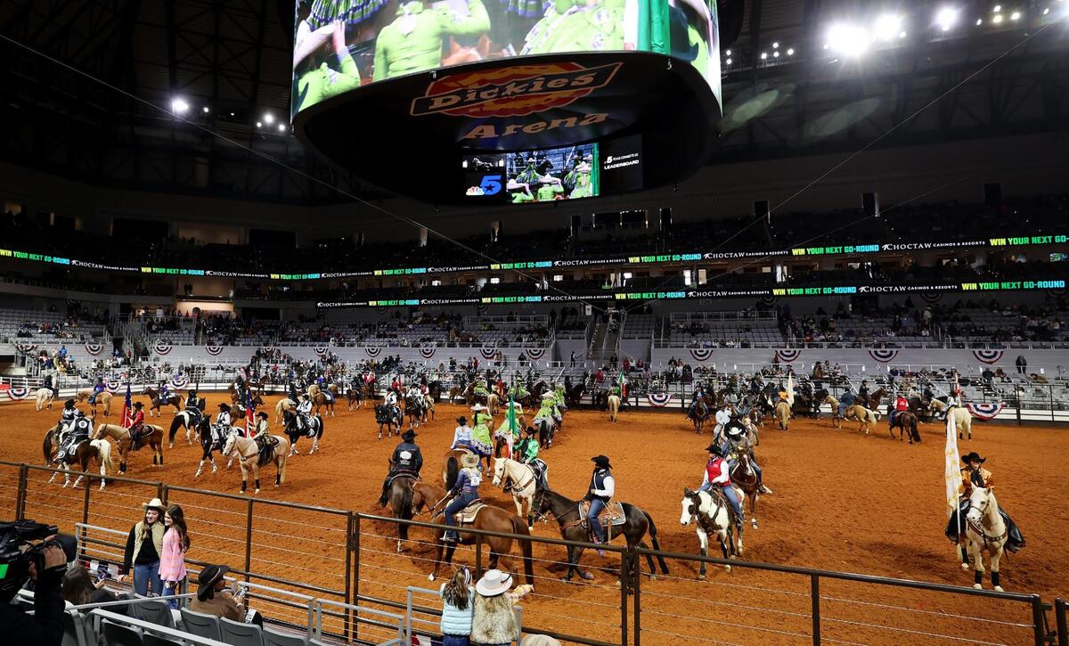 Participants of the Cowboys of Color Rodeo ride in the grand entry on Monday, Jan. 20, 2025 at the Fort Worth Stock Show & Rodeo.