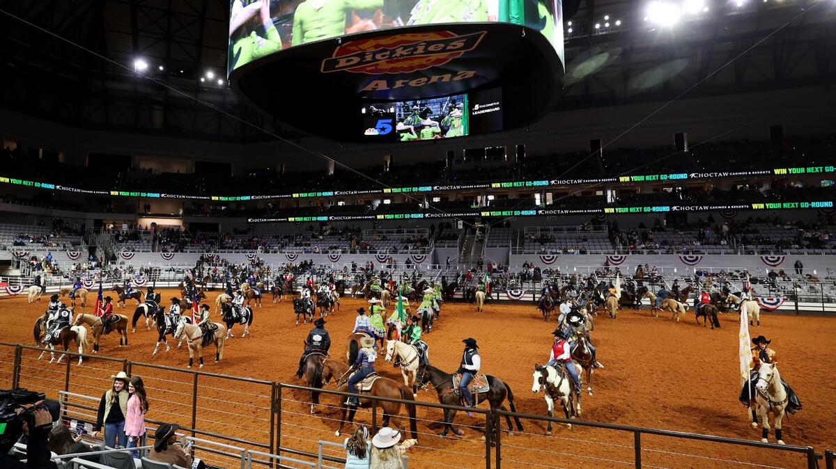 Participants of the Cowboys of Color Rodeo ride in the grand entry on Monday, Jan. 20, 2025 at the Fort Worth Stock Show & Rodeo.