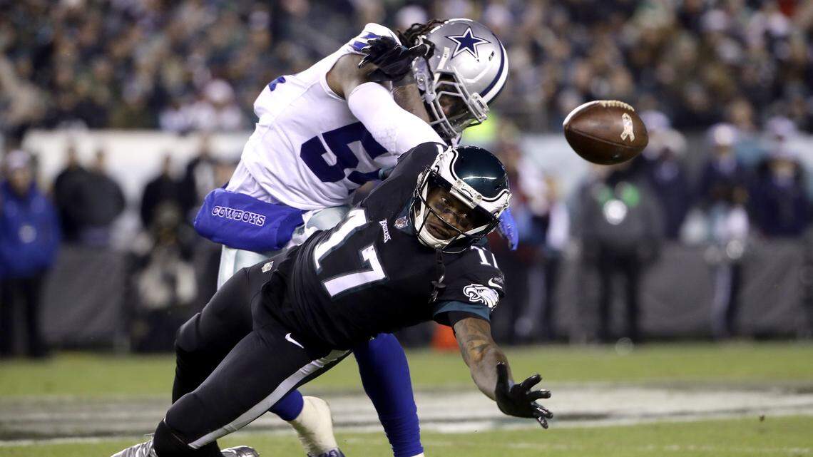 Dallas Cowboys middle linebacker Jaylon Smith (54) was fined by the NFL for a helmet hit on New Orleans Saints running back Alvin Kamara. He is appealing the fine.