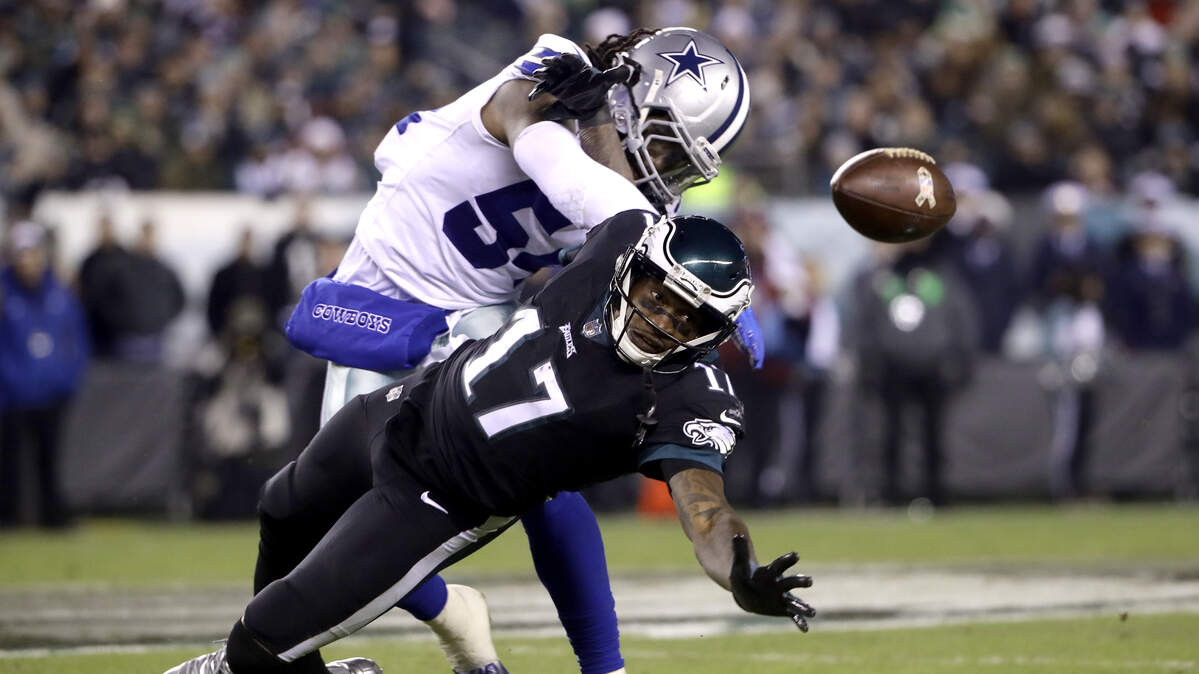 Dallas Cowboys middle linebacker Jaylon Smith (54) was fined by the NFL for a helmet hit on New Orleans Saints running back Alvin Kamara. He is appealing the fine.