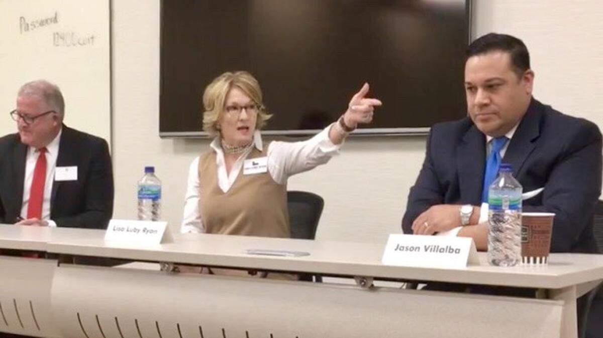 At a Dallas debate, Republican challenger Lisa Luby Ryan made a handgun gesture at state Rep. Jason Villalba during a response on gun control.