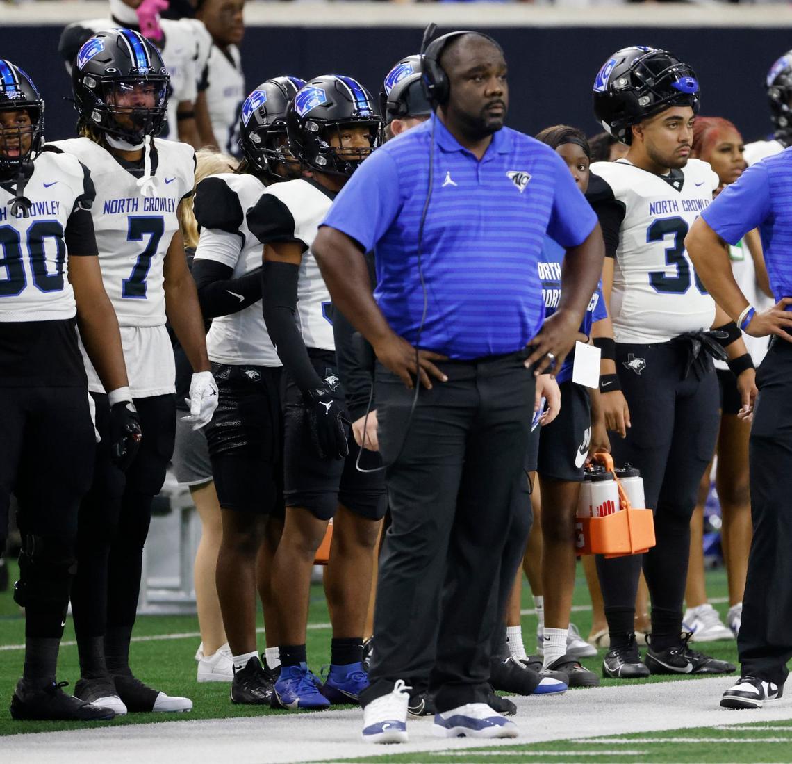 North Crowley head coach Ray Gates stands on the sidelines in the first quarter during a UIL football game at The Star in Frisco Texas, Saturday, Oct. 31, 2024.
