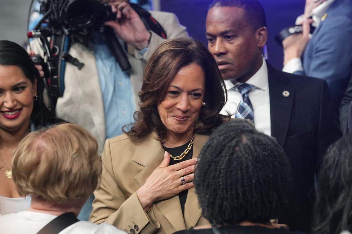 Vice President Kamala Harris interacts with supporters during a campaign rally Aug. 9 in Glendale, Arizona.