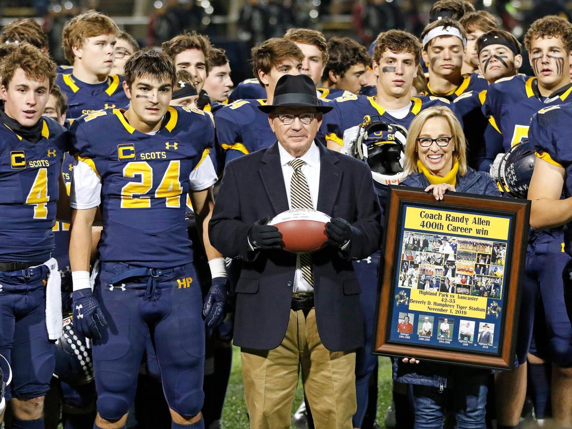 Highland Park head coach Randy Allen is honored for his 400th career win at halftime of a high school football game at Highlander Stadium in Highland Park, Texas, Friday, Nov. 8, 2019.