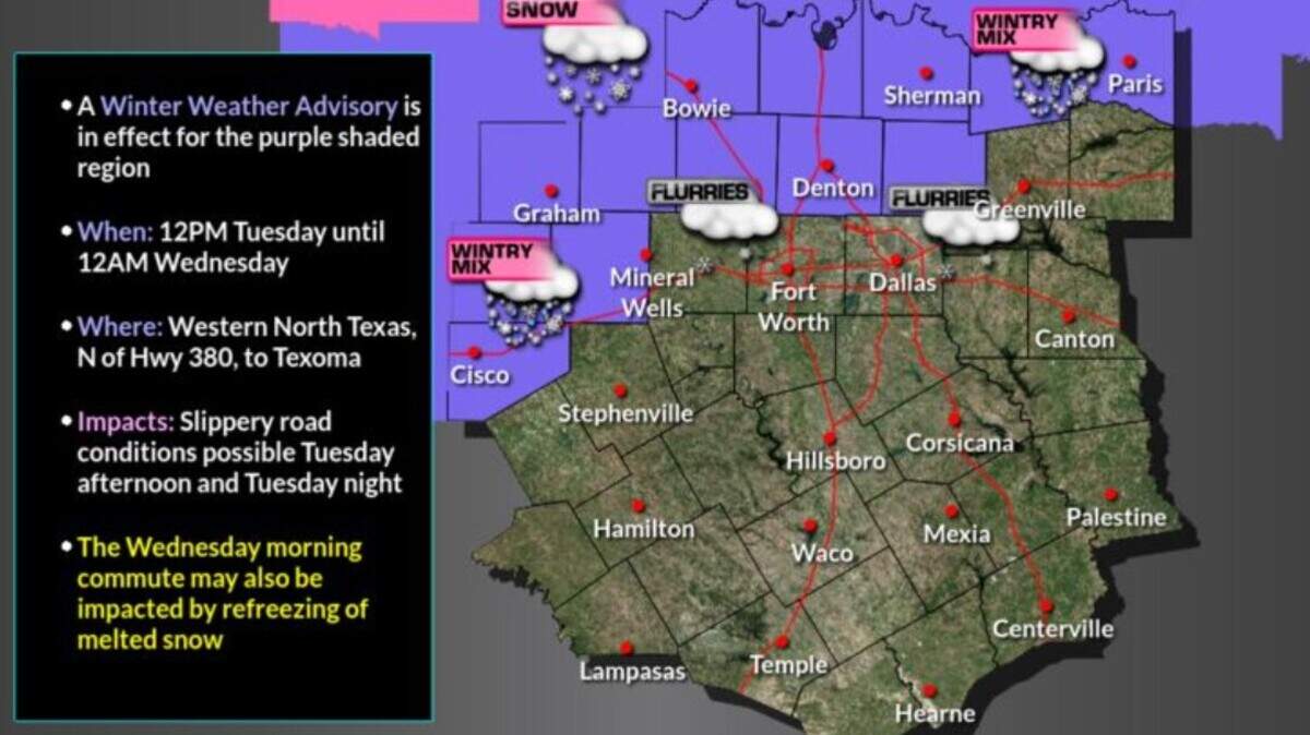 Map of weather for Fort Worth, Dallas, and surrounding cities. 