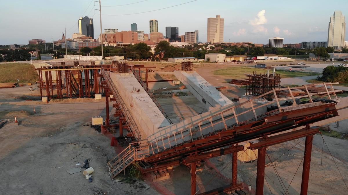 Construction of bridges along White Settlement Road that will go over rechanneled water of the Trinity River as part of the Trinity River Vision progresses, Friday, July 13, 2018.