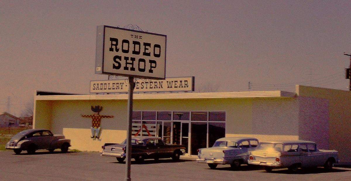 The Rodeo Shop, when it opened in 1964 at 8100 Weatherford Highway (now Camp Bowie West Boulevard), was on a lonely stretch of road. Co-owner Edythe Cohen’s brother, New York Architect James Kunen, designed the building, which today is a 24-hour Mobil station and convenience store.