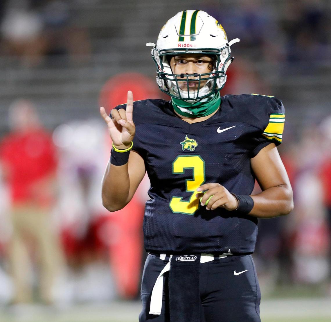 Benbrook quarterback William Green (3) verifies the call back to the sidelines during a high school football game at Clark Stadium in Fort Worth, Texas, Friday, Sept. 18, 2020. The Bobcats defeated the Lions 54-14. (Special to the Star-Telegram Bob Booth)