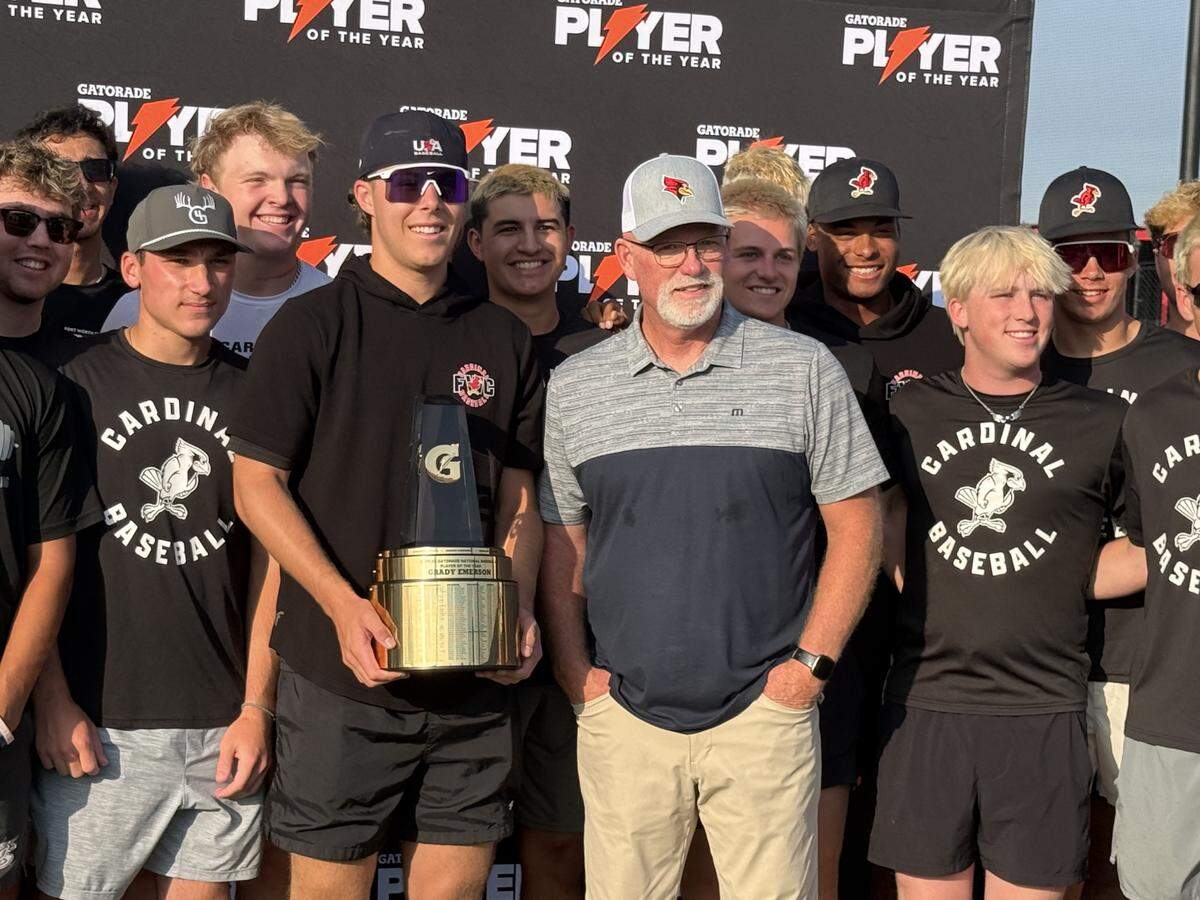 Fort Worth Christian baseball players and head coach Rusty Greer are photographed with Grady Emerson, the 2026 Gatorade National Baseball Player of the Year on Wednesday.