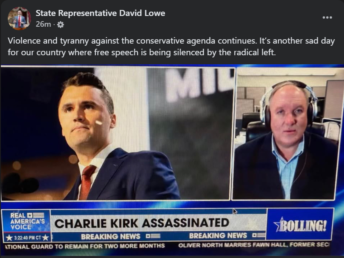 State Rep. David Lowe reacts to the death of conservative activist Charlie Kirk.