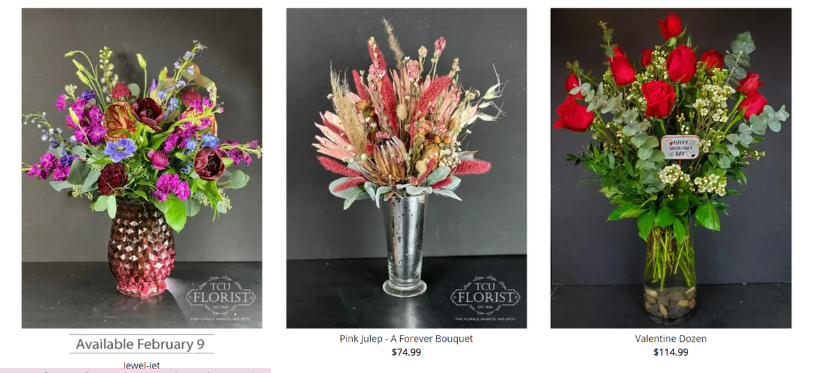 Estas son algunas opciones disponibles en TCU Florist.