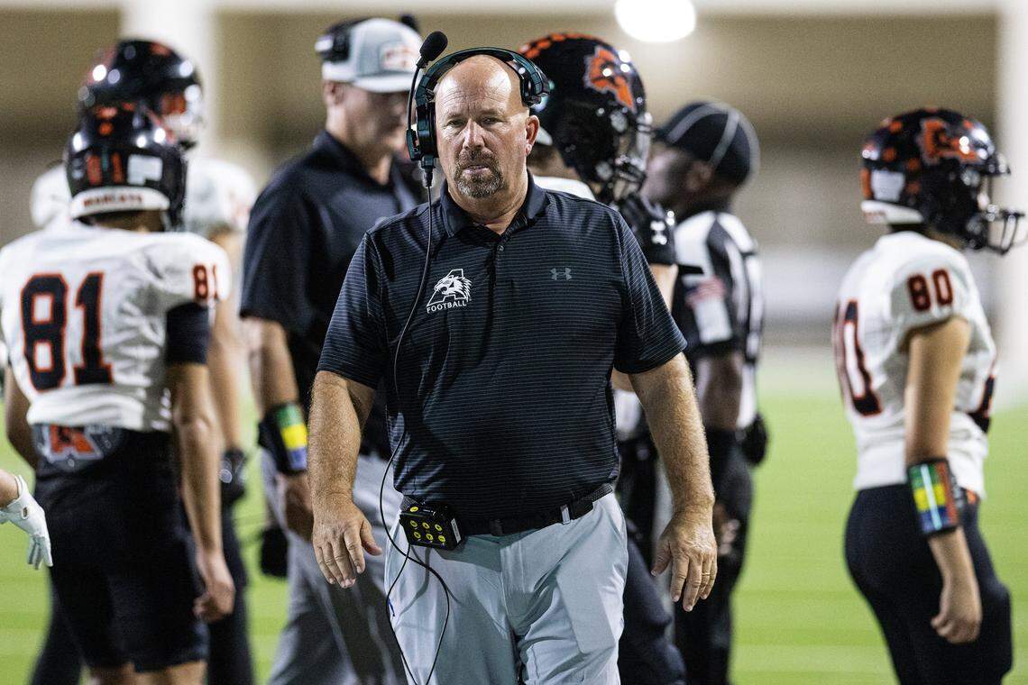 Aledo Head Coach Robby Jones walks on the sidelines after a timeout in the second half of a high school football game between the Aledo Bearcats and the Denton Ryan Raiders at C.H. Collins Athletic Complex in Denton on Friday, Oct. 3, 2025. 
