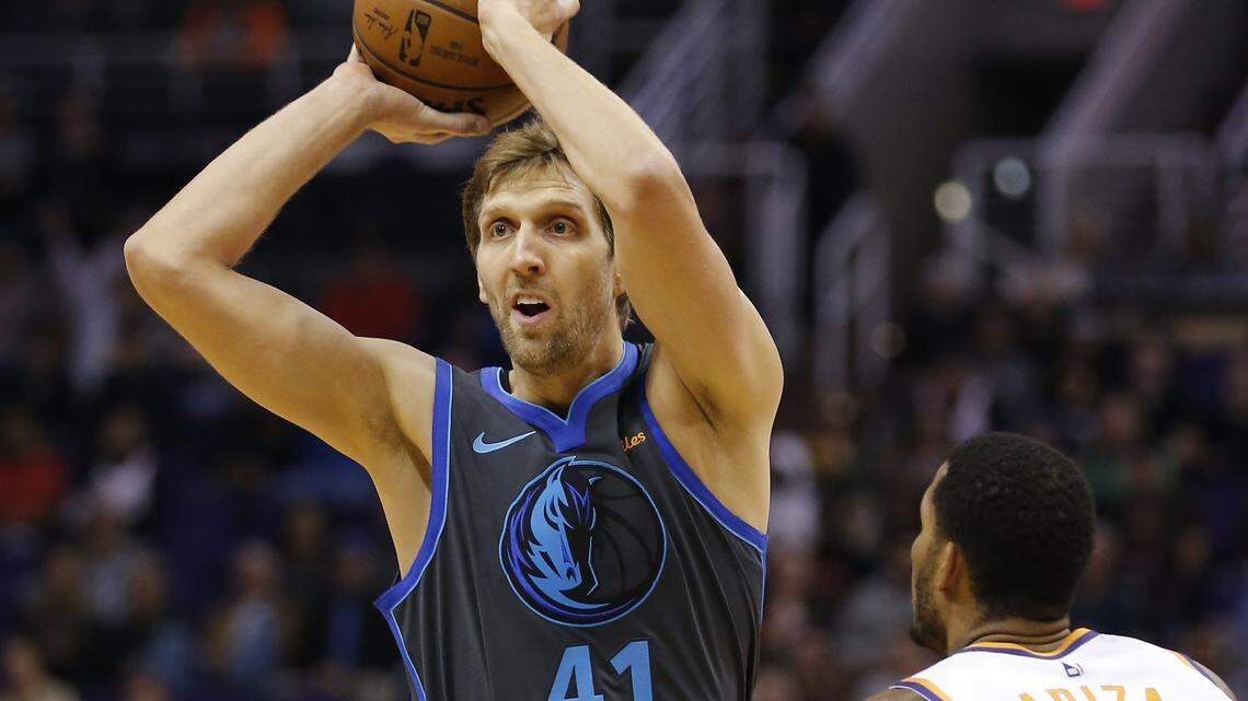 Dallas Mavericks forward Dirk Nowitzki (41) in the first half during an NBA basketball game against the Phoenix Suns, Thursday, Dec. 13, 2018, in Phoenix. (AP Photo/Rick Scuteri)