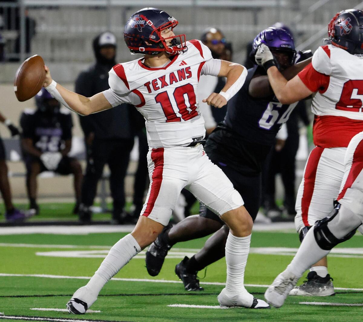 Northwest quarterback Trey Poe (10) launches a pass down field during a UIL Class 6A D2 Bi-district playoff football game at Crowley ISD Multi-Purpose Stadium in Fort Worth, Texas, Friday, Nov. 15, 2024.