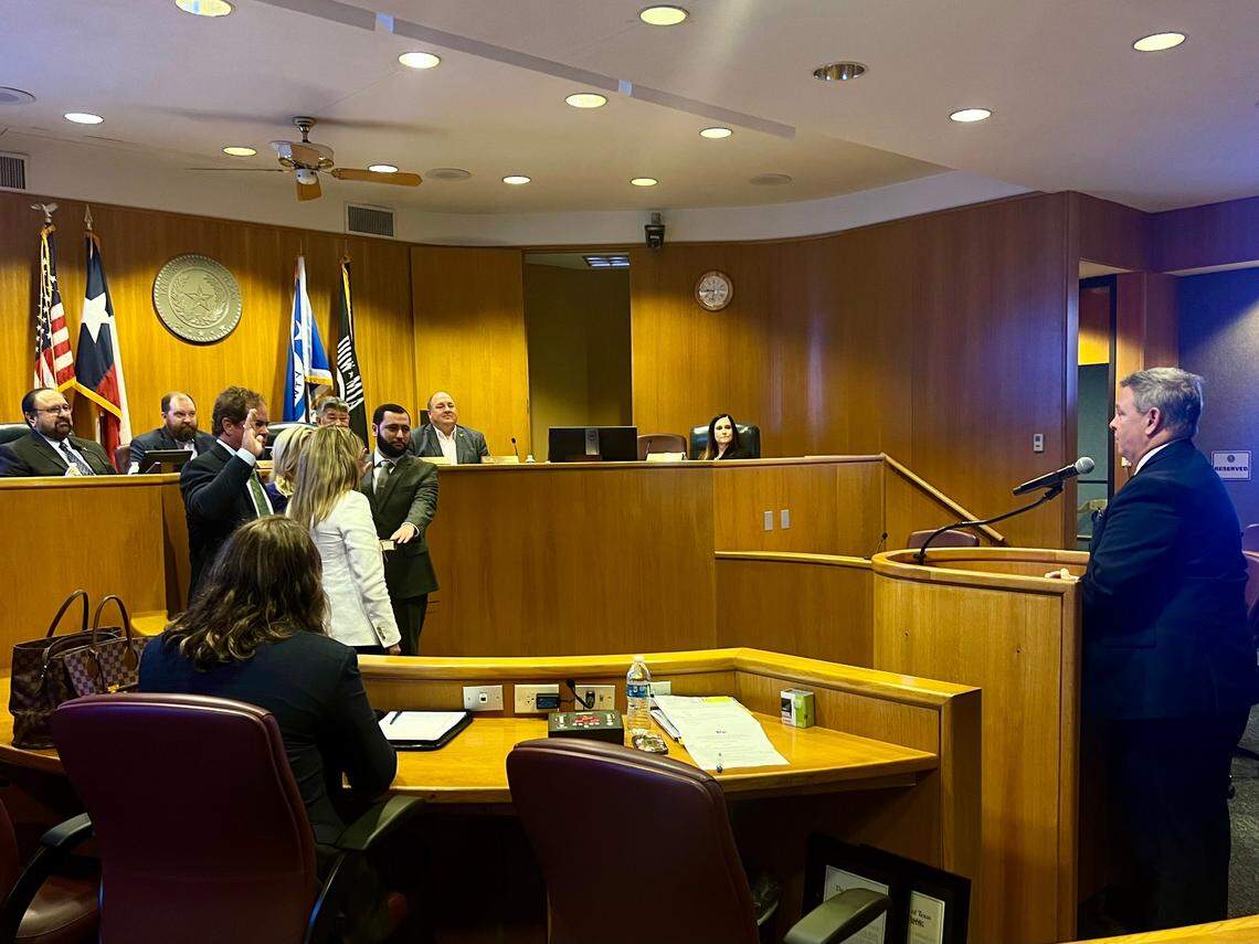 County Judge Tim O’Hare leads the swearing in of the three newly elected Tarrant Appraisal District board members on July 1, 2024. The county endorsed all three of the new board members who won their election in May.