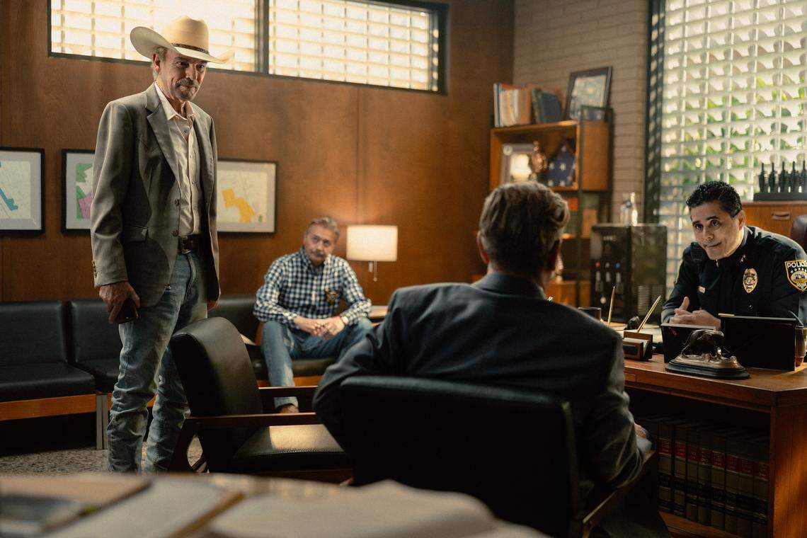 Billy Bob Thornton as Tommy and Mark Collie as Sheriff Joeberg in “Landman” episode 10, season 2, streaming on Paramount+.