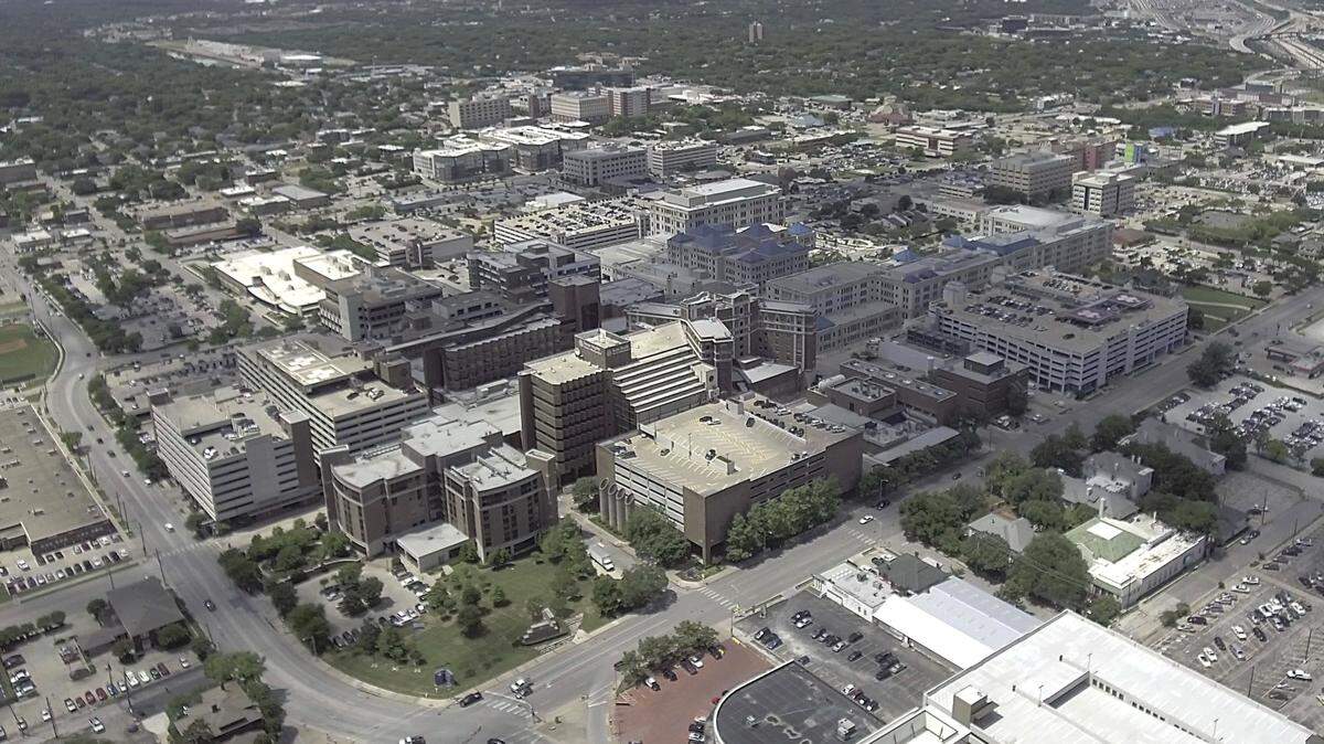 Fort Worth hospital district in an aerial photo taken from a Helicopter Up, LLC. helicopter over Fort Worth, TX May 23, 2018.