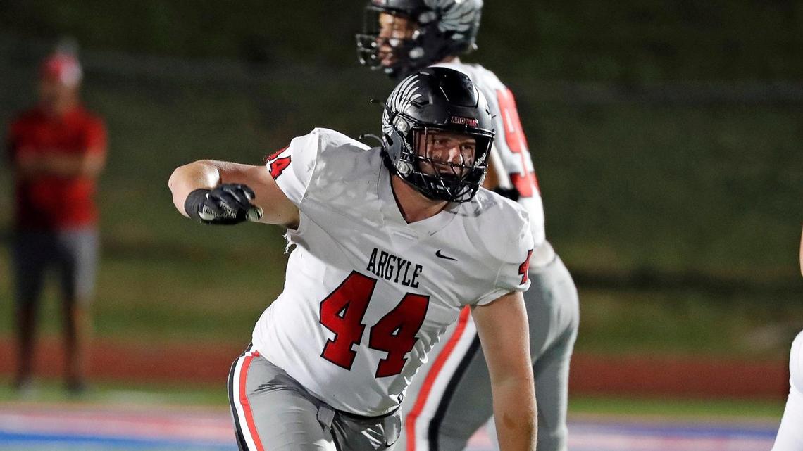 Argyle defensive lineman Riley Van Poppel (44) and the Eagles finish the regular season No. 1 in the 5A area rankings.