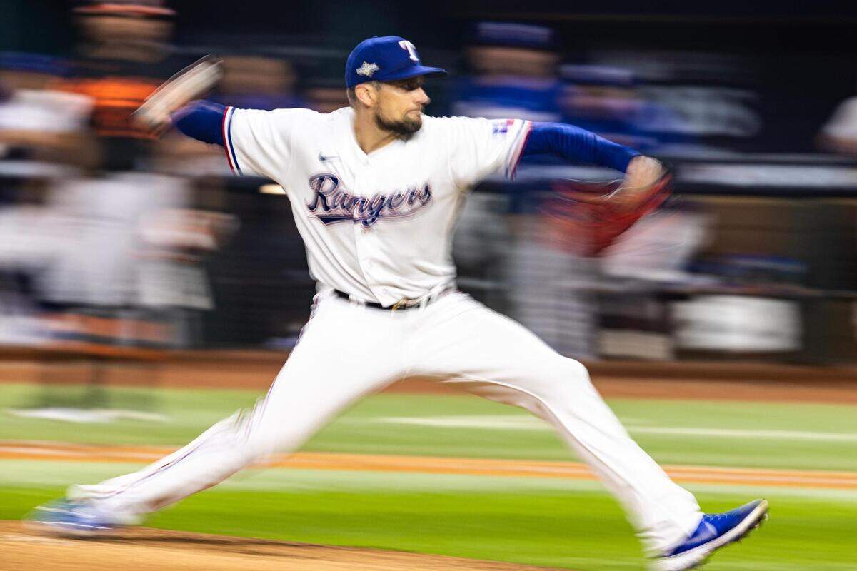 Texas Rangers pitcher Nathan Eovaldi (17) throws a pitch in the fifth inning of game three of the ALDS between the Texas Rangers and Baltimore Orioles at Globe Life Field in Arlington on Tuesday, Oct. 10, 2023.