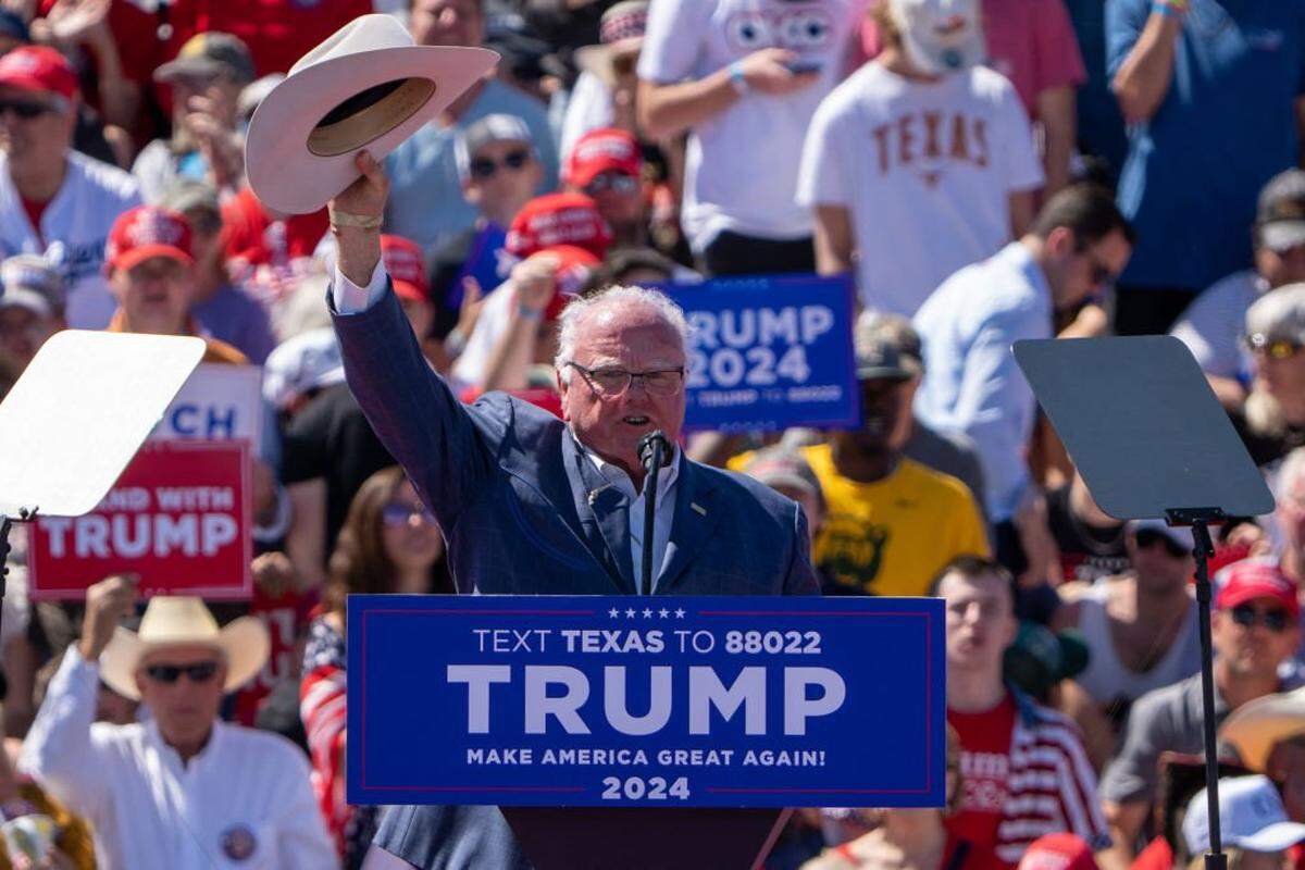 Texas Agriculture Commission Texas Sid Miller speaks during a 2023 Donald Trump campaign rally in Waco.