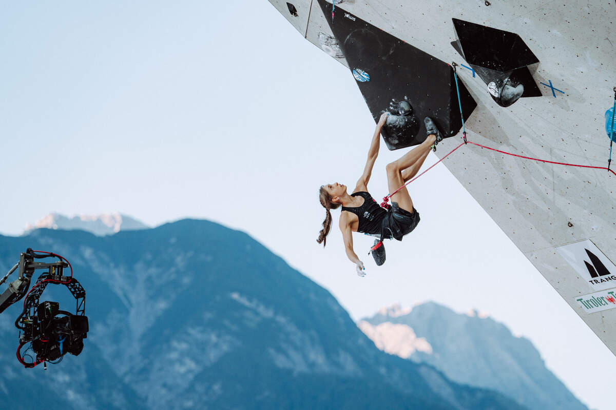 Annie Sanders competes in the Lead final of the IFSC Climbing World Cup in Innsbruck, Austria, in 2025.