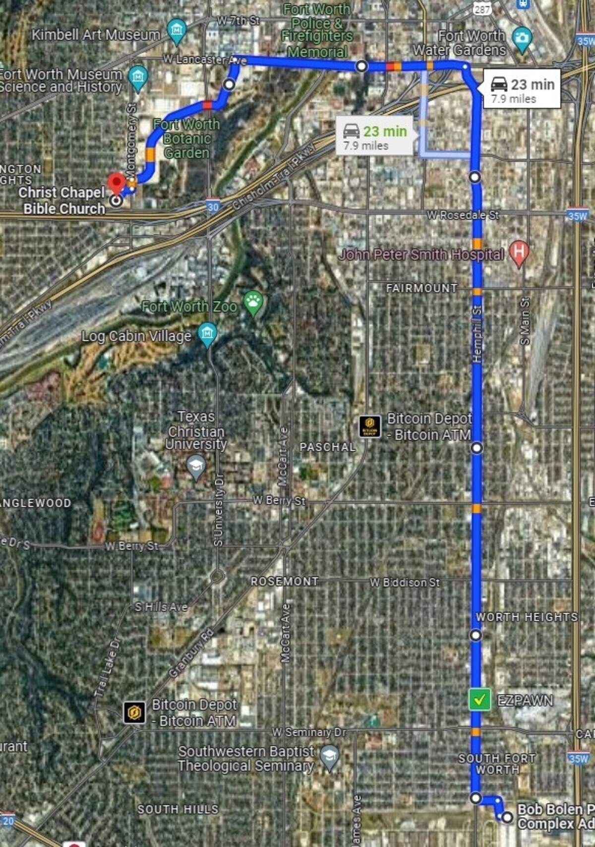 This map shows the route the procession will take from Bob Bolen Public Safety Complex, at 505 W. Felix St., to Christ Chapel Bible Church, at 3701 Birchman Ave.