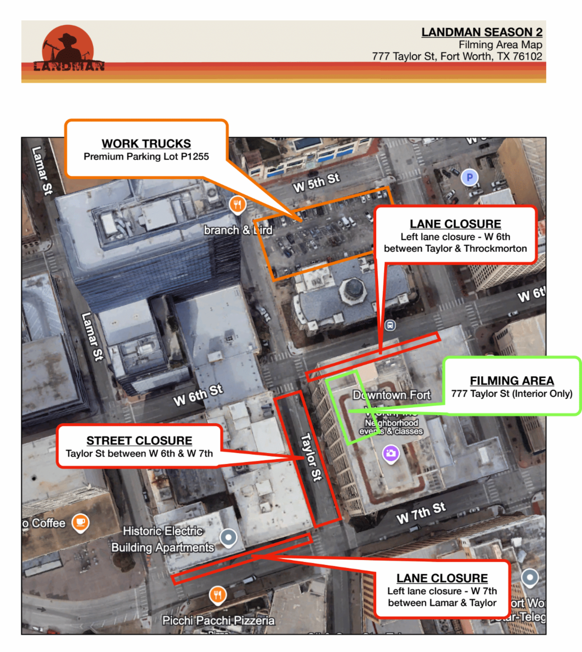 “Landman” will film in downtown Fort Worth at 777 Taylor St. on April 8.
