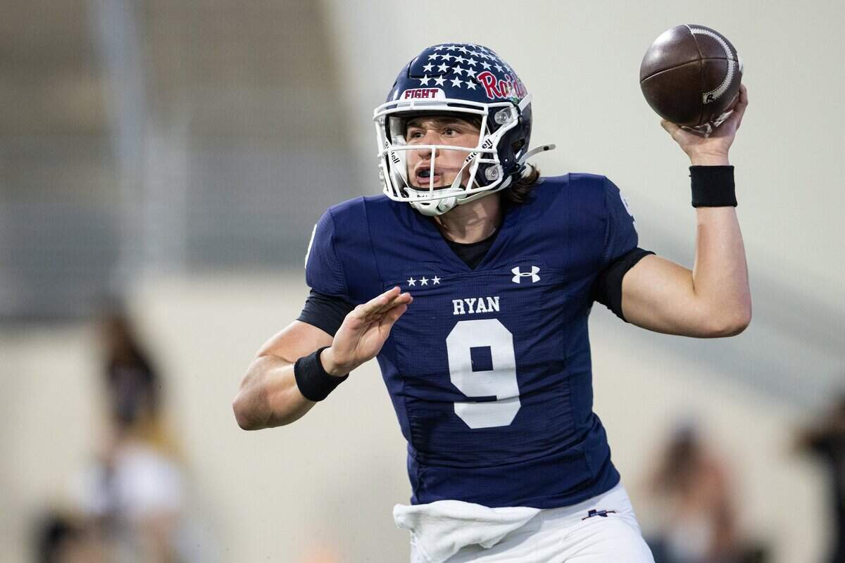 Denton Ryan quarterback Quin Henigan (9) throws a pass in the first half of a high school football game between the Aledo Bearcats and the Denton Ryan Raiders at C.H. Collins Athletic Complex in Denton on Friday, Oct. 3, 2025.