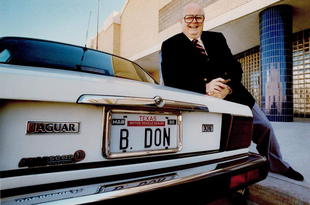 Aug. 19, 1990: B. Don Magness poses with his new Jaguar and personalized license plates at the Will Rogers complex. Magness was a larger-than-life civic leader and longtime chair of the Miss Texas pageant.