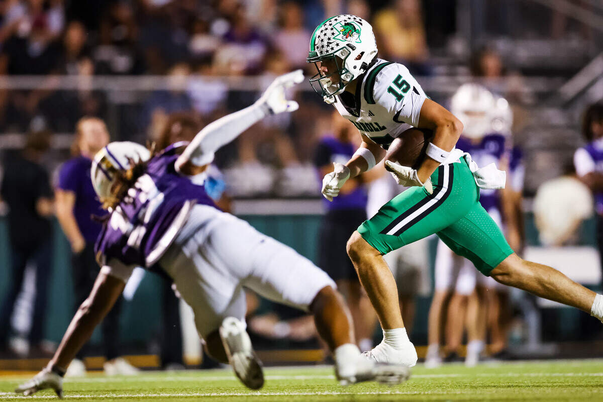 Southlake Carroll receiver Caden Mackey (15) gains yardage against Keller Timber Creek on Thursday, September 25, 2025 at Keller ISD Stadium in Keller, Texas.