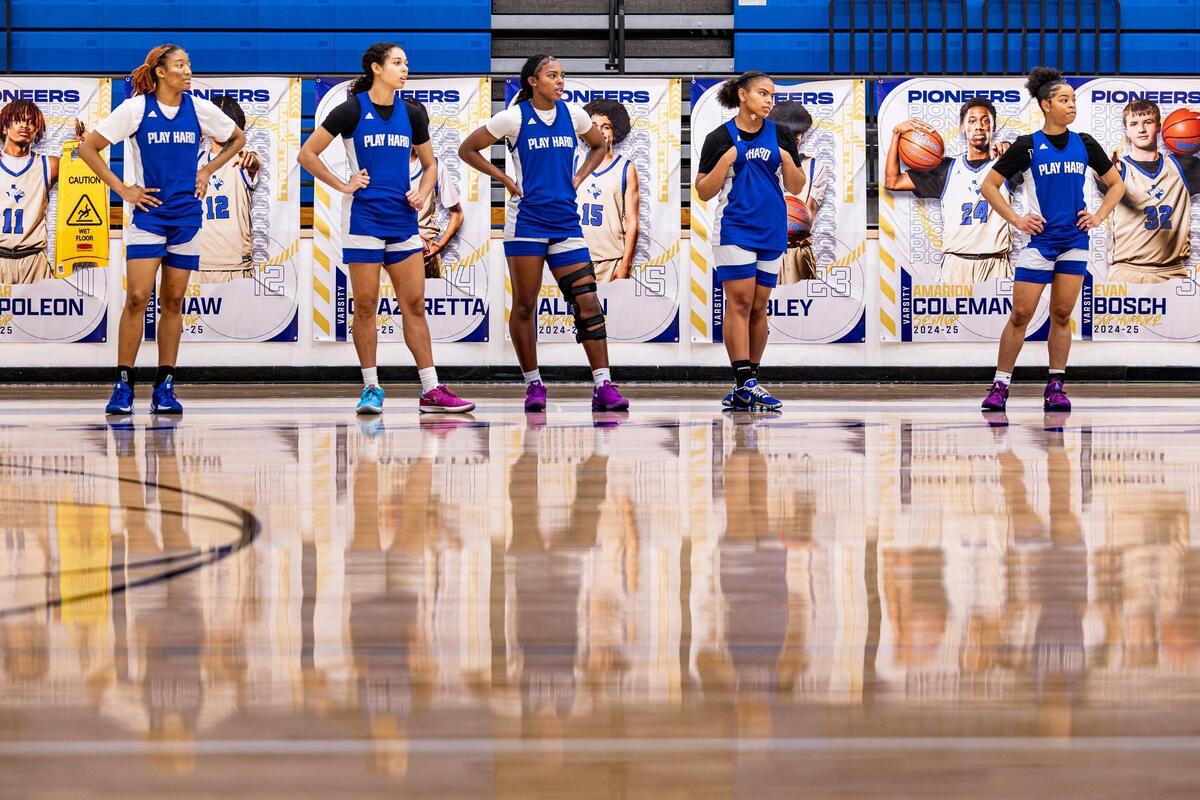 Boswell teammates Haleigh Jackson, Camille Williams, Seleste Massey, Salena Carrasco, and Sydney Durrah wait on the sidelines to check back in to scrimmage in practice at the Boswell High School gymnasium in Fort Worth on Wednesday, Jan. 29, 2025.