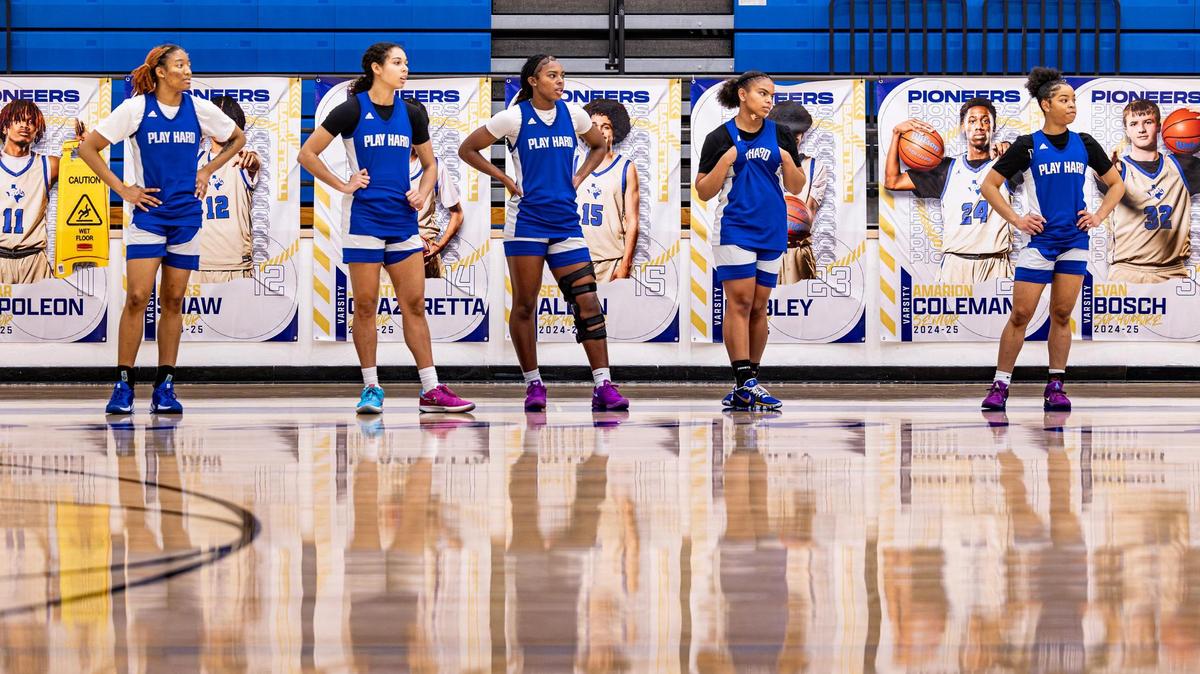 Boswell teammates Haleigh Jackson, Camille Williams, Seleste Massey, Salena Carrasco, and Sydney Durrah wait on the sidelines to check back in to scrimmage in practice at the Boswell High School gymnasium in Fort Worth on Wednesday, Jan. 29, 2025.
