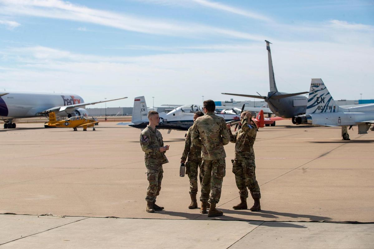 Texas A&M Air Force ROTC cadets on the tarmac before air show performance at the Fort Worth Alliance Airport in Fort Worth on Saturday, Oct. 22, 2022.
