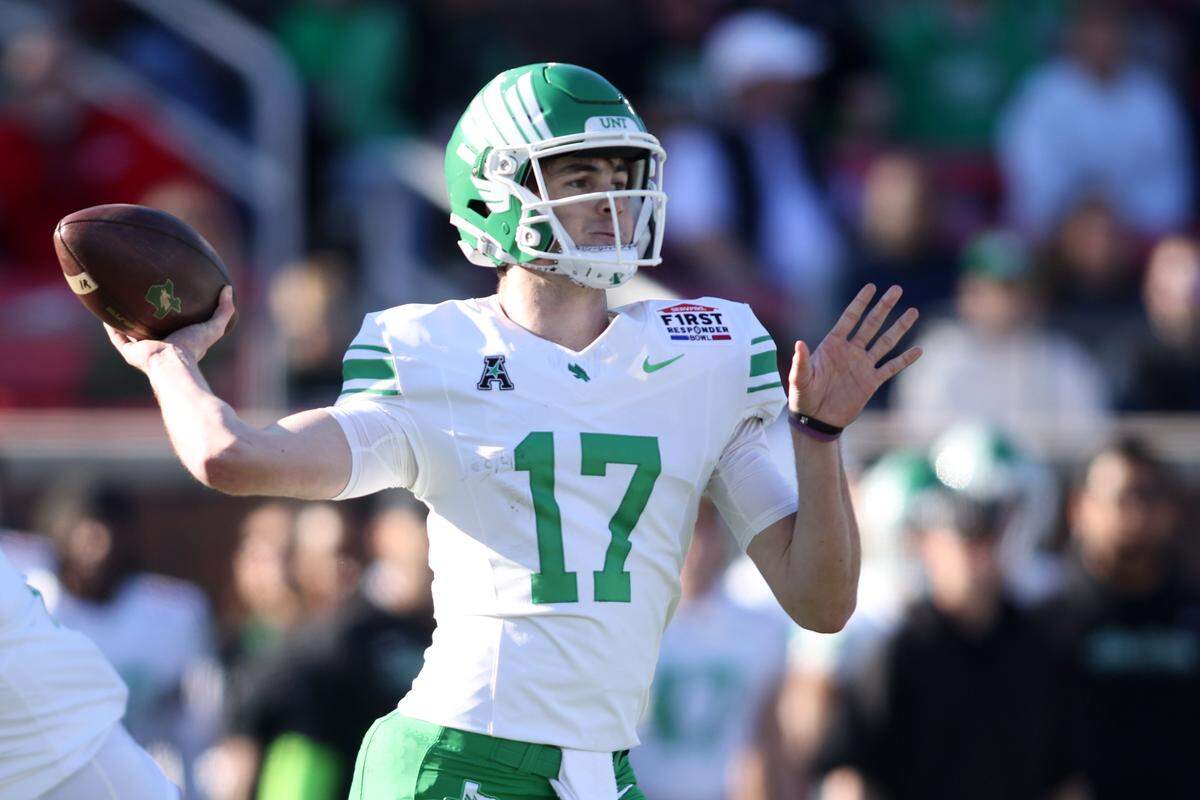 Jan 3, 2025; Dallas, TX, USA; North Texas Mean Green quarterback Drew Mestemaker (17) throws a pass during the first quarter against the Texas State Bobcats at Gerald J. Ford Stadium. Mandatory Credit: Tim Heitman-Imagn Images