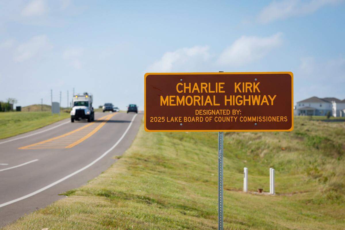 A Charlie Kirk Memorial Highway sign on Schofield Road in Clermont, Florida, designates the stretch of road in Lake County in honor of Kirk.