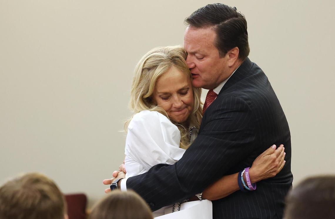 Dorree Jane and Philip Smith, parents of Wes Smith, hug after giving a victim impact statement on Thursday, June 26, 2025, at the 432nd District Court in Fort Worth. In a plea bargain agreement with the Tarrant County Criminal District Attorney’s Office Matthew Purdy was sentenced to 60 years in prison in the September 2023 killing of Wes Smith.