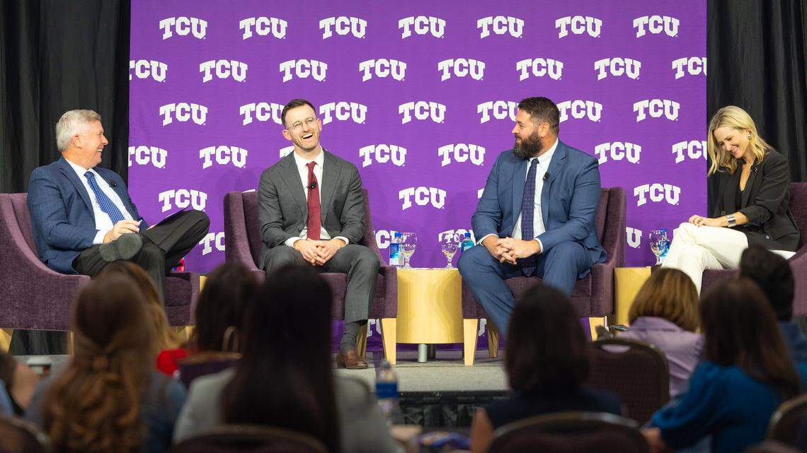 From left to right: Dr. Stuart D. Flynn, founding Dean of Burnett School of Medicine at TCU, Cameron Combs, director of the Child Poverty Action Lab, Dr. David Nelson, division chief of Maternal Fetal Medicine at UT Southwestern, and Mayor Mattie Parker at the launch of the North Texas Maternal Health Accelerator at TCU on Monday.