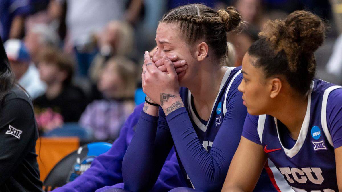 TCU Horned Frogs center Sedona Prince (13) reacts near the end of a loss to the Texas Longhorns during the second half of an Elite 8 NCAA Tournament game at Legacy Arena.