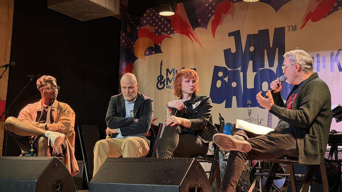 From left to right: Cameron McCloud, Kirk Stafford, Jenni Rose and Peter Thomas speak on Wednesday, Feb. 11, at Tulips in Fort Worth during the Jambaloo music festival panel on mental health, which was presented by Amplified Minds. From left to right: Cameron McCloud, Kirk Stafford, Jenni Rose and Peter Thomas speak on Wednesday, Feb. 11, at Tulips in Fort Worth during the Jambaloo music festival panel on mental health, which was presented by Amplified Minds.