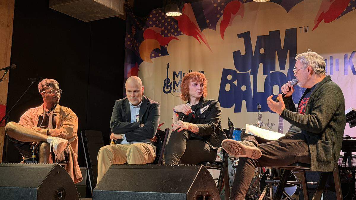 From left to right: Cameron McCloud, Kirk Stafford, Jenni Rose and Peter Thomas speak on Wednesday, Feb. 11, at Tulips in Fort Worth during the Jambaloo music festival panel on mental health, which was presented by Amplified Minds.