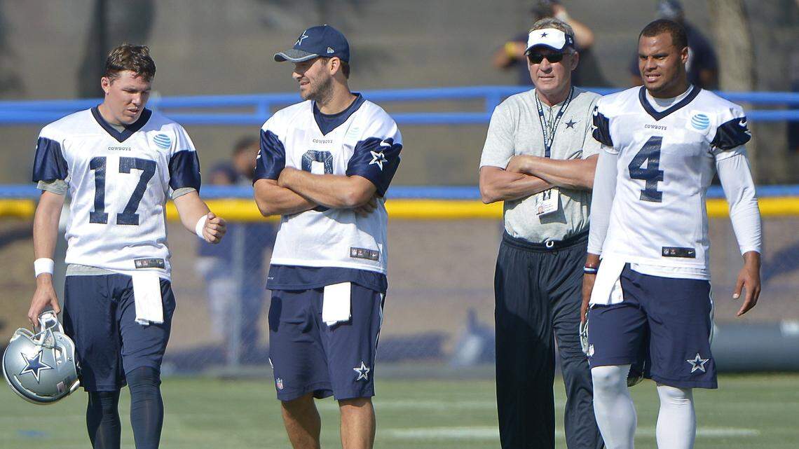 Dallas Cowboys quarterback Kellen Moore (17), quarterback Tony Romo (9) and quarterback Dak Prescott (4) stand with quarterback coach Wade Wilson during a drill at the afternoon practice at Cowboys training camp in Oxnard, CA, Sunday, July 31, 2016.